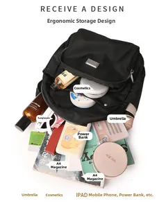 Top view of a black nylon backpack showing its spacious interior for daily essentials