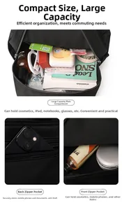 Detail showing high-capacity main compartment and anti-theft back pocket on black backpack