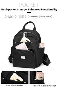 Detail of black nylon backpack showing multi-pocket storage and silver metal zippers