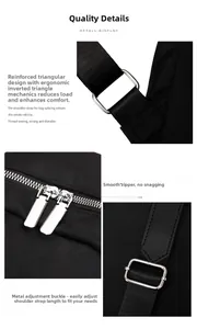 Detail of backpack showing reinforced stitching, smooth metal zippers and adjustable buckles
