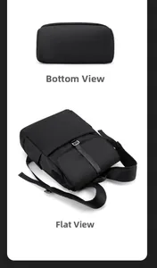 Vista dettagliata del fondo e stesa dello zaino nero minimalista con tasche laterali