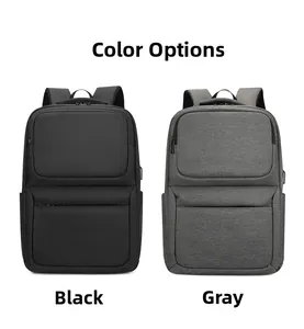 Detail view of large capacity business backpacks in black and grey with USB charging port