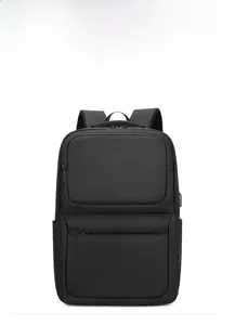 Front view of black waterproof business backpack with multi-layer zippers and side pockets