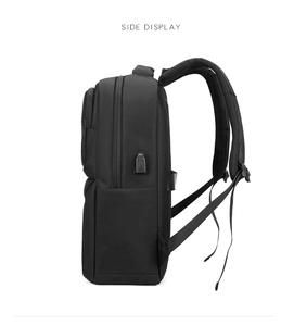 Side view of black business backpack showing built-in USB charging port and breathable mesh strap