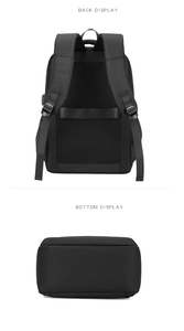 Detail of ergonomic breathable back padding and luggage strap on black laptop backpack