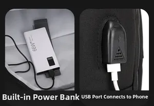 Detail view of the built-in USB charging cable and external port on black backpack