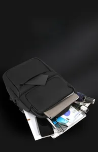 Detail view of large capacity waterproof backpack with multiple storage compartments