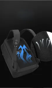 Detail of breathable honeycomb mesh back panel and padded straps on black laptop backpack