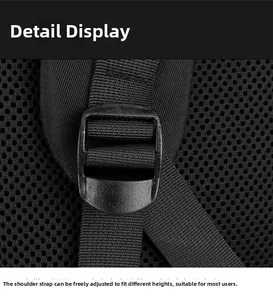 Macro detail of adjustable nylon shoulder strap with plastic buckle and breathable mesh
