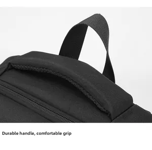 Close-up of padded durable handle and nylon hanging loop on black business backpack