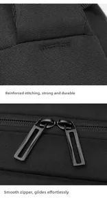 Detail view of reinforced stitching handle and smooth metal double zippers on black backpack