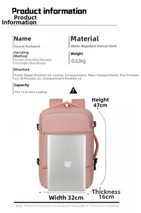 Detailed view of pink water-repellent oxford backpack dimensions 47x32x16cm and structure