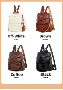 Collage of four stylish PU leather backpacks in white, brown, coffee, and black options