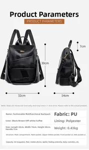Detailed size chart and dimensions of the black PU leather patchwork backpack with pockets