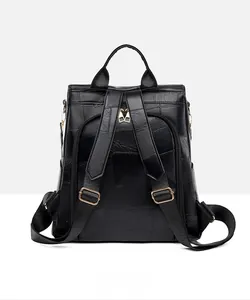 Back view of a black faux crocodile backpack with adjustable straps and gold-tone zippers