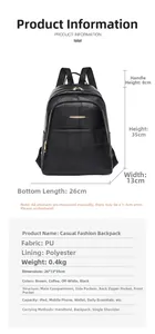 Detailed size chart for black PU leather backpack with dimensions 26x13x35cm and weight