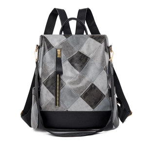 Women's anti-theft backpack with gray geometric pattern and PU leather texture