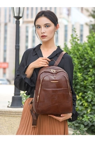 Brown PU leather backpack detail showing irregular patchwork texture and gold hardware