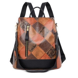 Vintage patchwork leather anti-theft backpack with rhombic patterns and gold hardware