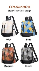 Detail view of anti-theft backpacks featuring retro argyle patterns in four stylish colors