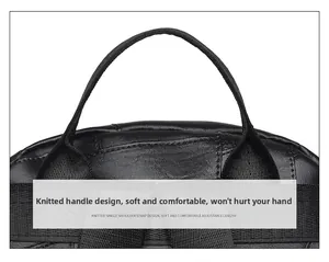 Detail of soft knit handle and textured PU leather shoulder strap on black backpack