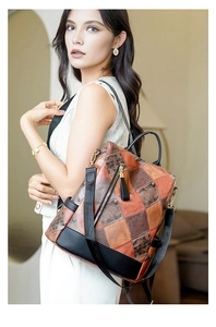 Rear view of anti-theft backpack showing patterned faux leather and gold hardware
