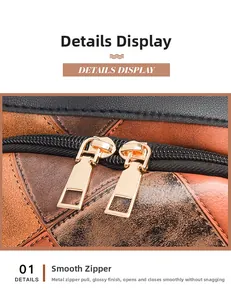 Detail of smooth golden metal zippers on a brown textured leather travel backpack