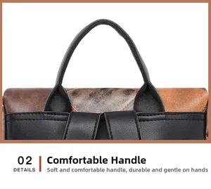 Detail of reinforced leather handle on vintage patchwork anti-theft backpack for women