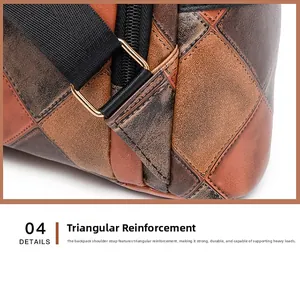 Close-up of triangular reinforced strap joints on a patchwork leather backpack