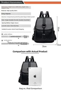 Detailed dimensions of black leather backpack with capacity comparison against an iPad