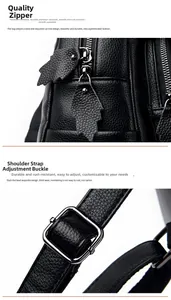 Detail of durable metal zipper with leather puller and adjustable strap buckle on backpack