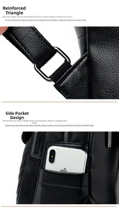 Detail of reinforced triangular shoulder strap and side pocket on black lychee leather bag