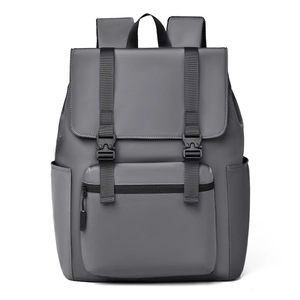 Front view of grey water-resistant backpack showing buckles and zipper compartments
