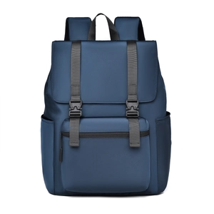 Close-up of deep blue waterproof laptop backpack showing buckle and texture details