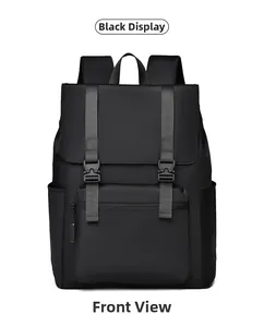 Front view of a minimalist black waterproof backpack featuring dual buckle flap closures