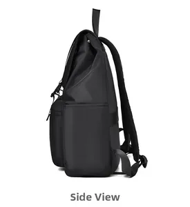 Side view of black laptop backpack showing large capacity side pocket and padded straps