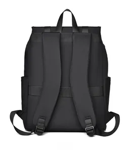 Detailed back view of a black laptop backpack featuring ergonomic straps and luggage belt