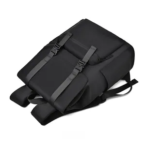 Top view of sleek black waterproof backpack with tactical buckles and grey nylon straps