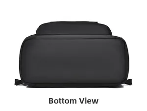 Flat bottom view showing the smooth texture and rectangular shape of the black backpack