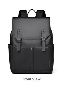 Vue avant d'un sac à dos minimaliste en cuir noir avec rabat à double boucle et coutures blanches