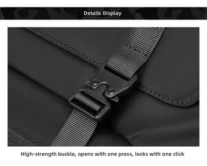 Close-up of high-strength plastic buckle and waterproof fabric on a black laptop backpack