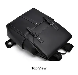 Vue de dessus d'un sac à dos en cuir noir avec rabat et doubles sangles décoratives