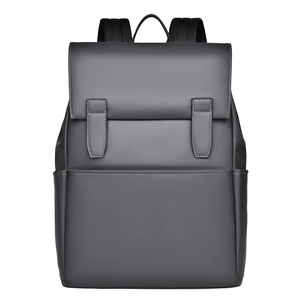 Detail showing matte waterproof grey business backpack with white stitched buckled straps