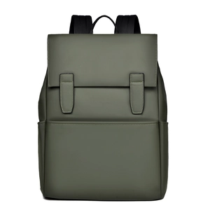 Detail view of olive green waterproof laptop backpack with double strap flap closure