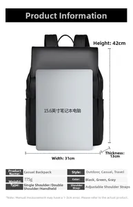 Detailed size chart for black business backpack showing 42x31x13cm dimensions and 775g weight