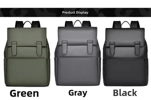 Detailed view of business backpacks in green, gray, and black with waterproof matte fabric