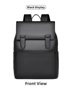 Front view of black matte business backpack with flap closure and dual decorative straps