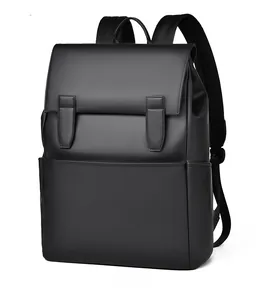 Detail of waterproof black business backpack with flap cover and buckle straps