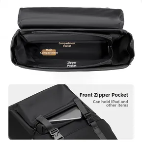 Detail of the multi-compartment interior and front zipper pocket for iPad storage