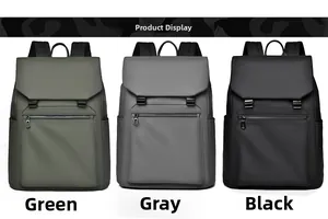 Three-color display of waterproof business backpacks in army green, grey, and black colors